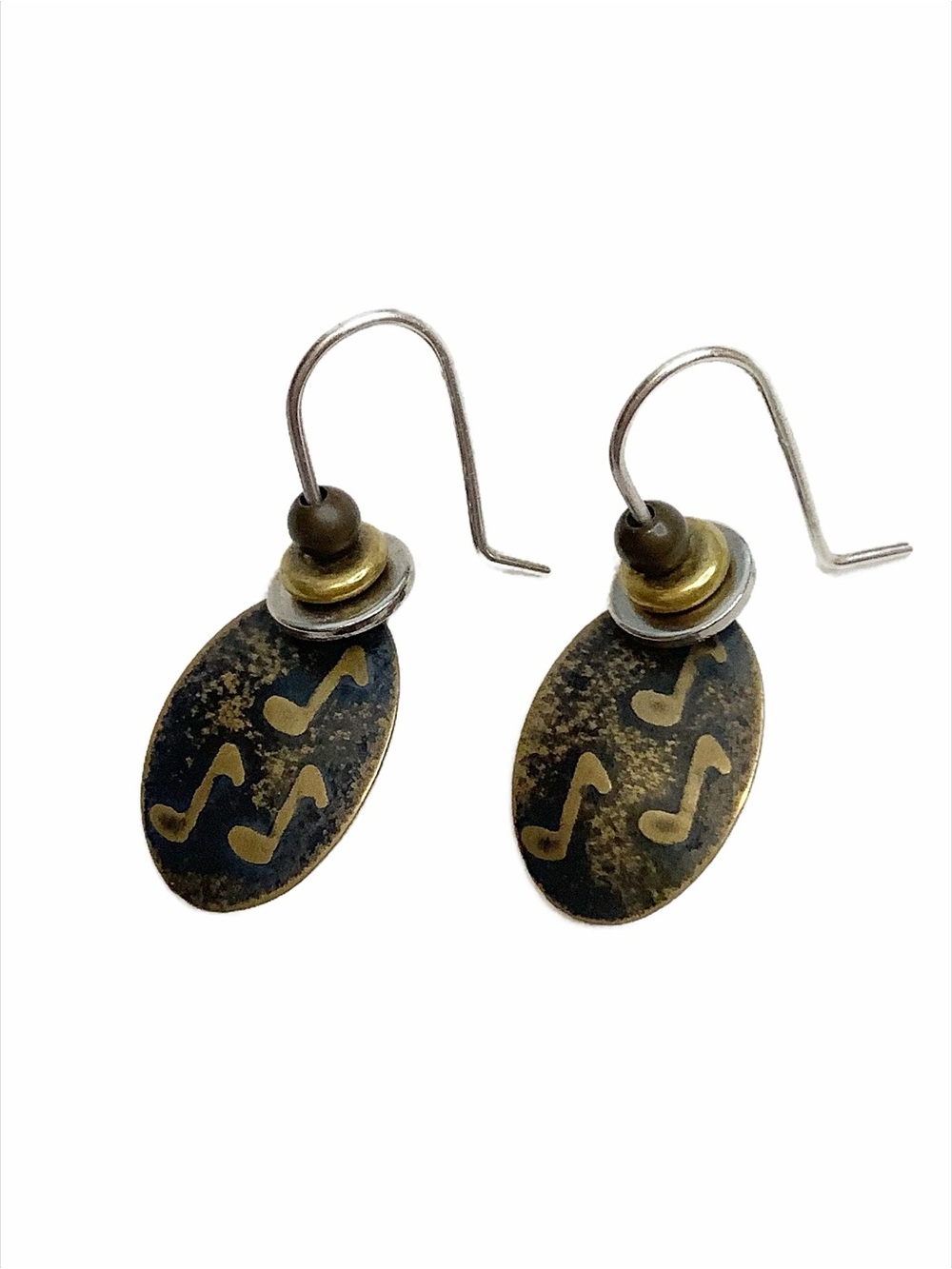 Handmade Music Note Drop Earrings Black Antique Brass Dangle Shepherd Hook
